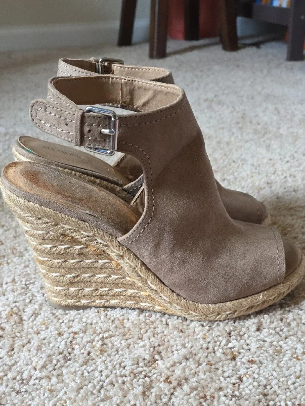 Taupe Suede Peep-Toe Wedge Sandals - Women 8.5